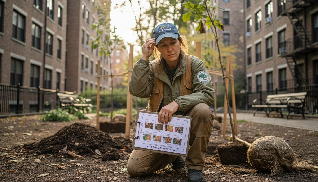 Arborist planning tree placement in urban park