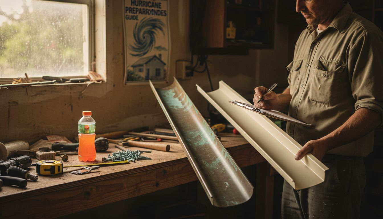 Contractor inspecting copper and vinyl gutters