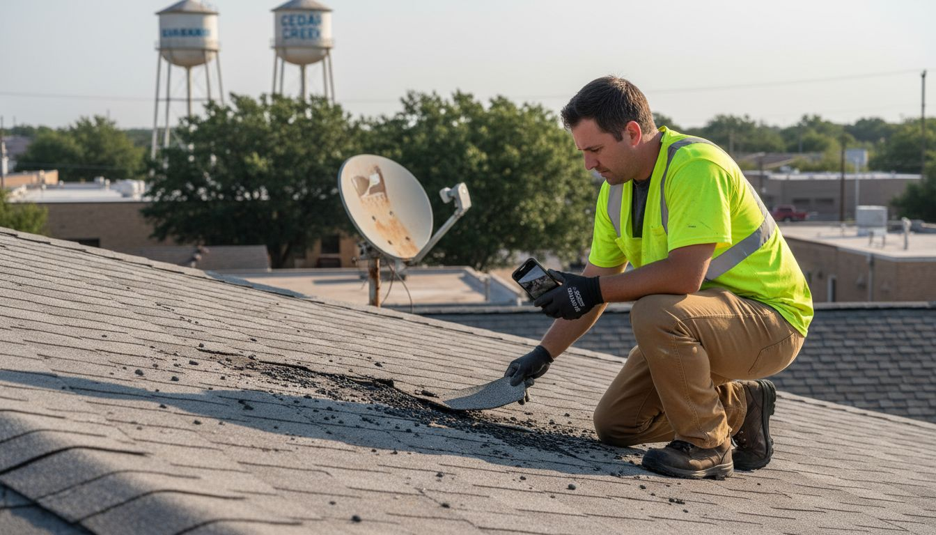 Inspector assessing storm roof damage in Texas