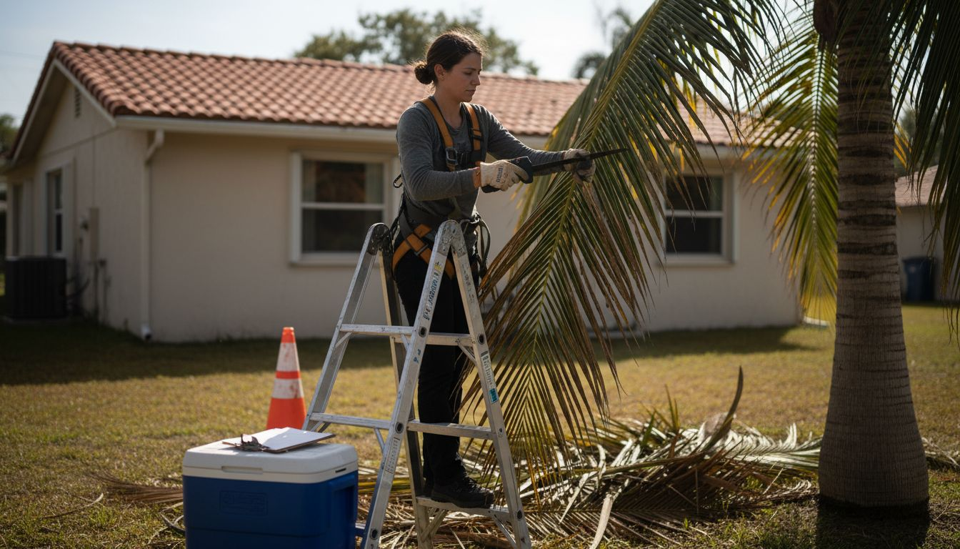 Arborist pruning palm tree in Florida backyard