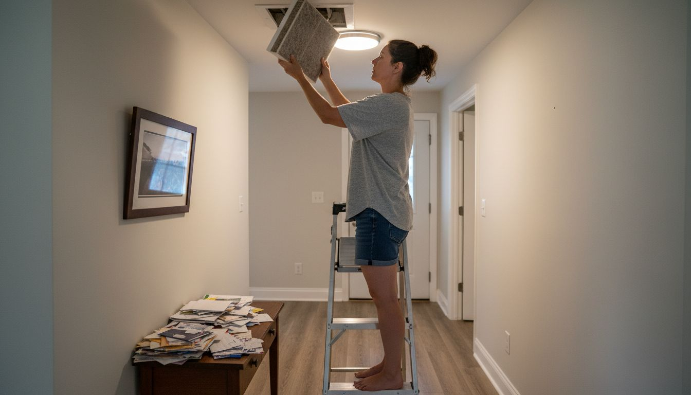 Homeowner replacing dusty AC air filter