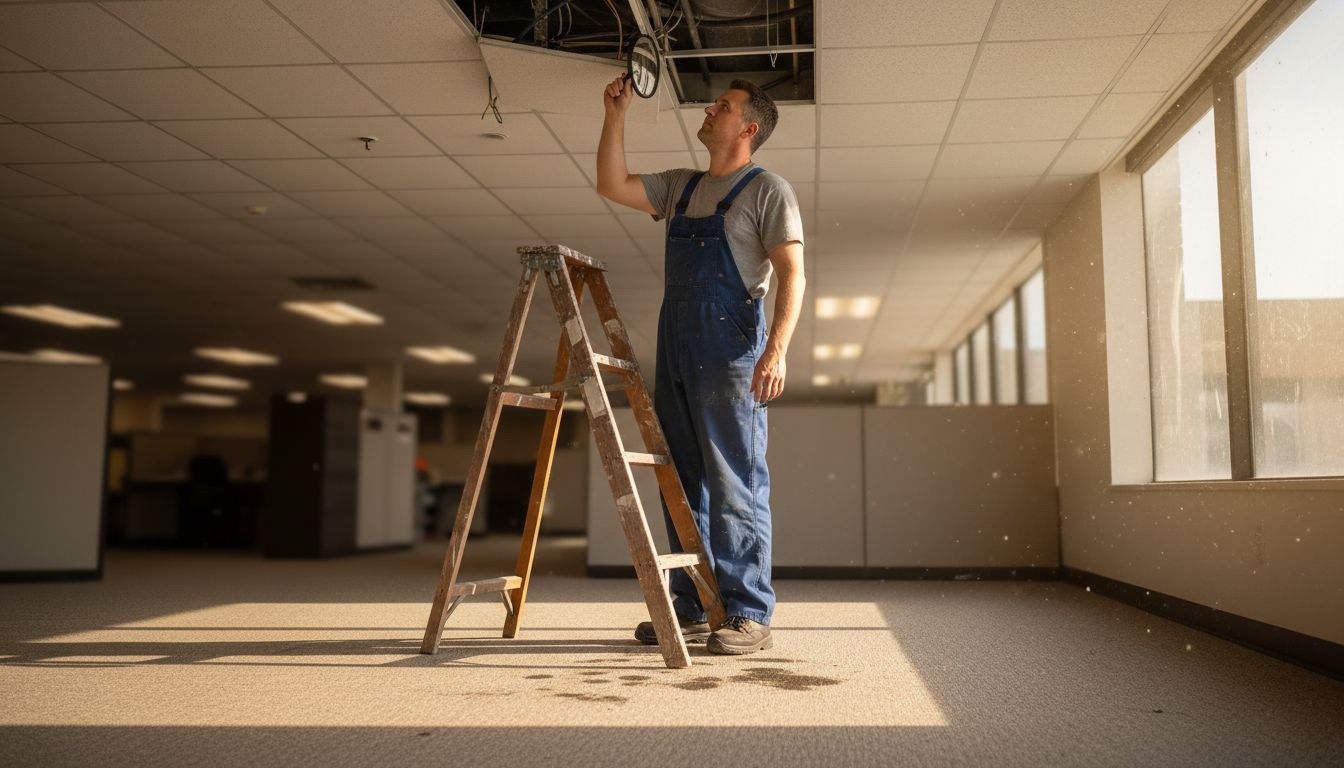 Worker inspecting ceiling sprinkler head