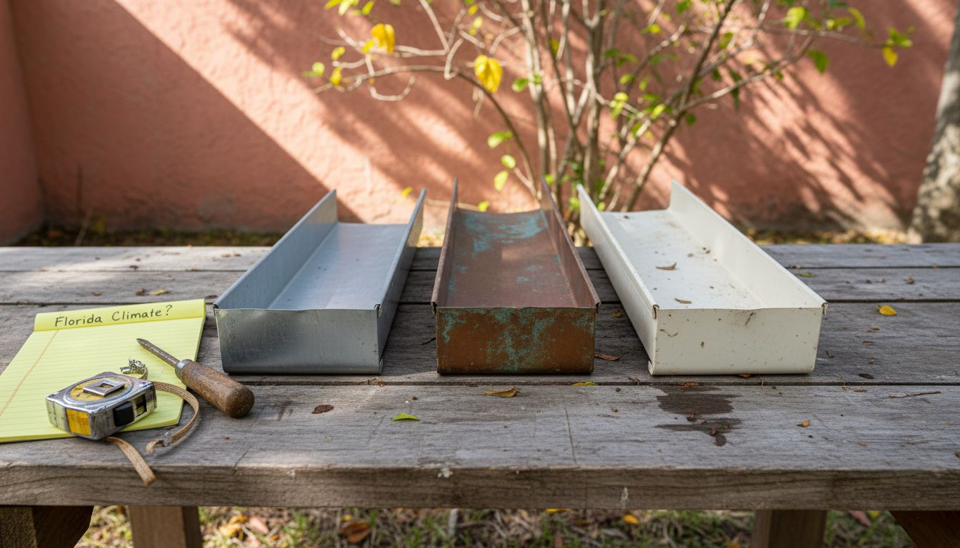 Variety of gutter sections and tools on workbench
