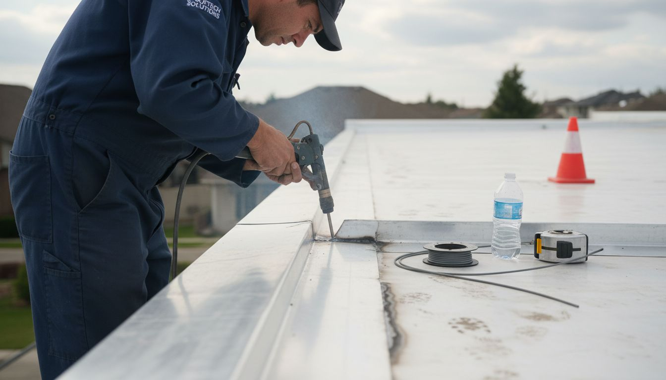 Technician welding seams on PVC membrane