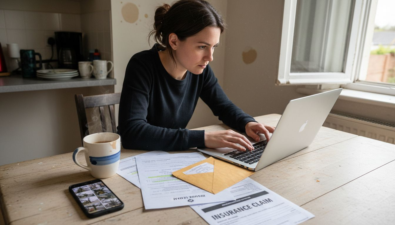 Homeowner documenting roof insurance claim paperwork