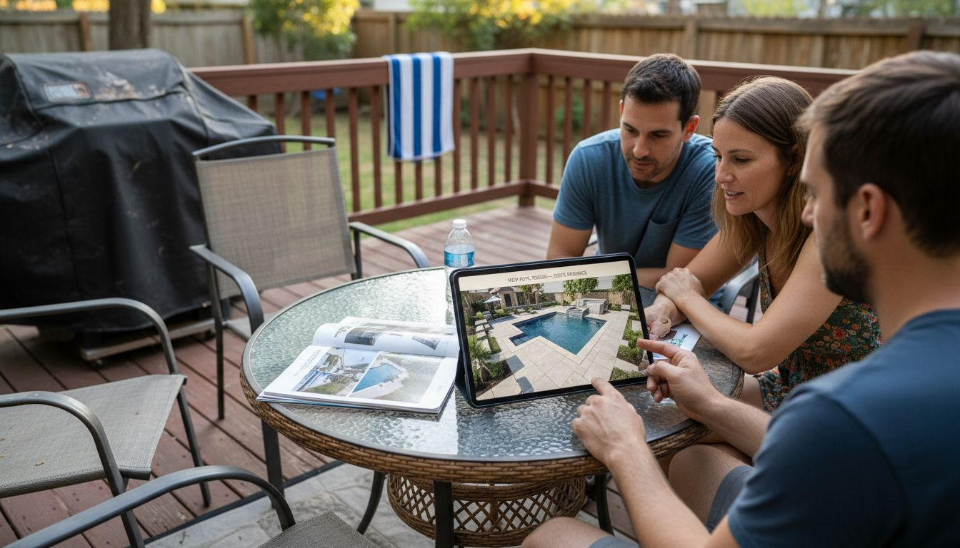 Homeowners reviewing 3D pool design with consultant