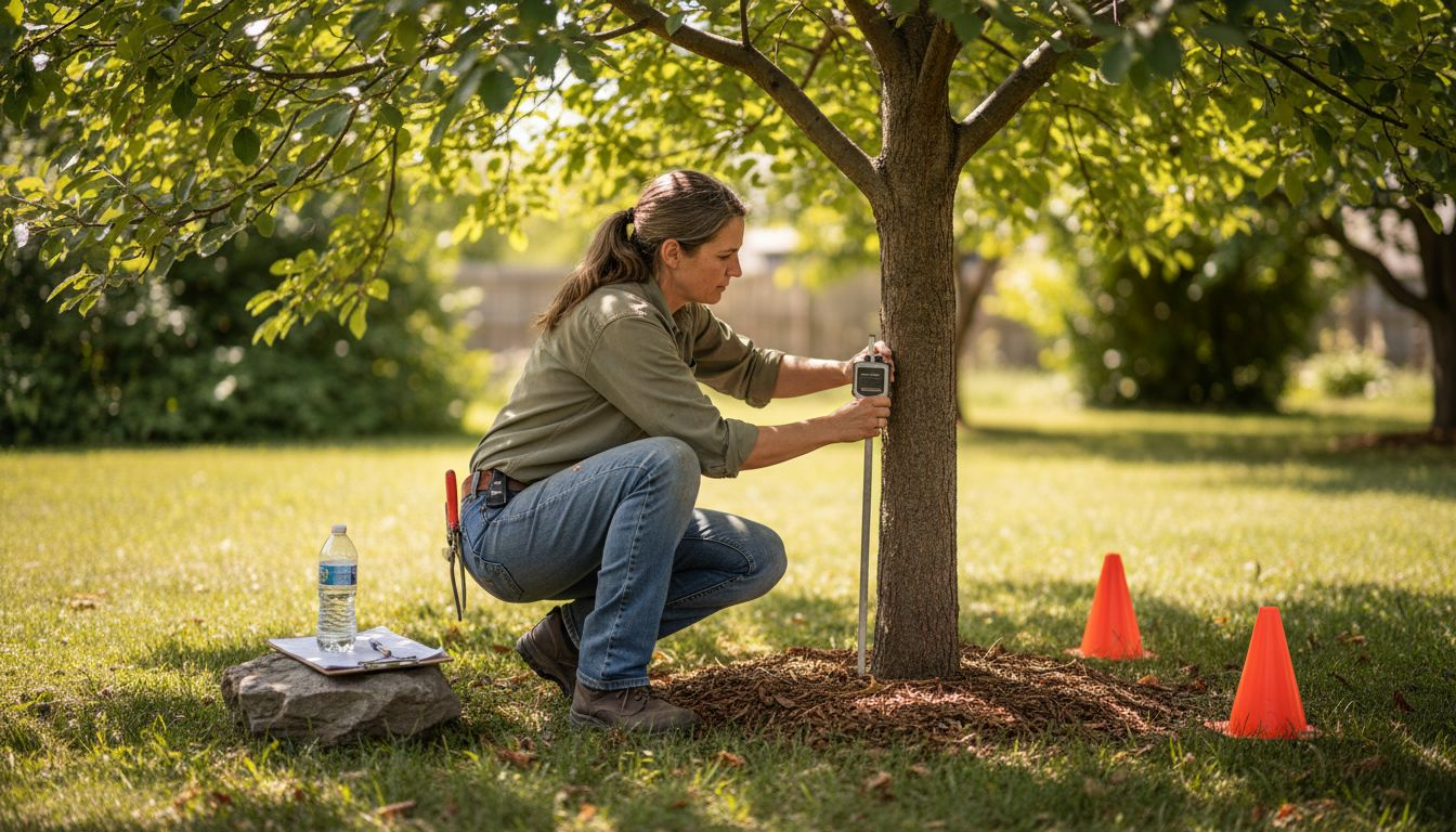 Arborist inspecting tree with measuring tools