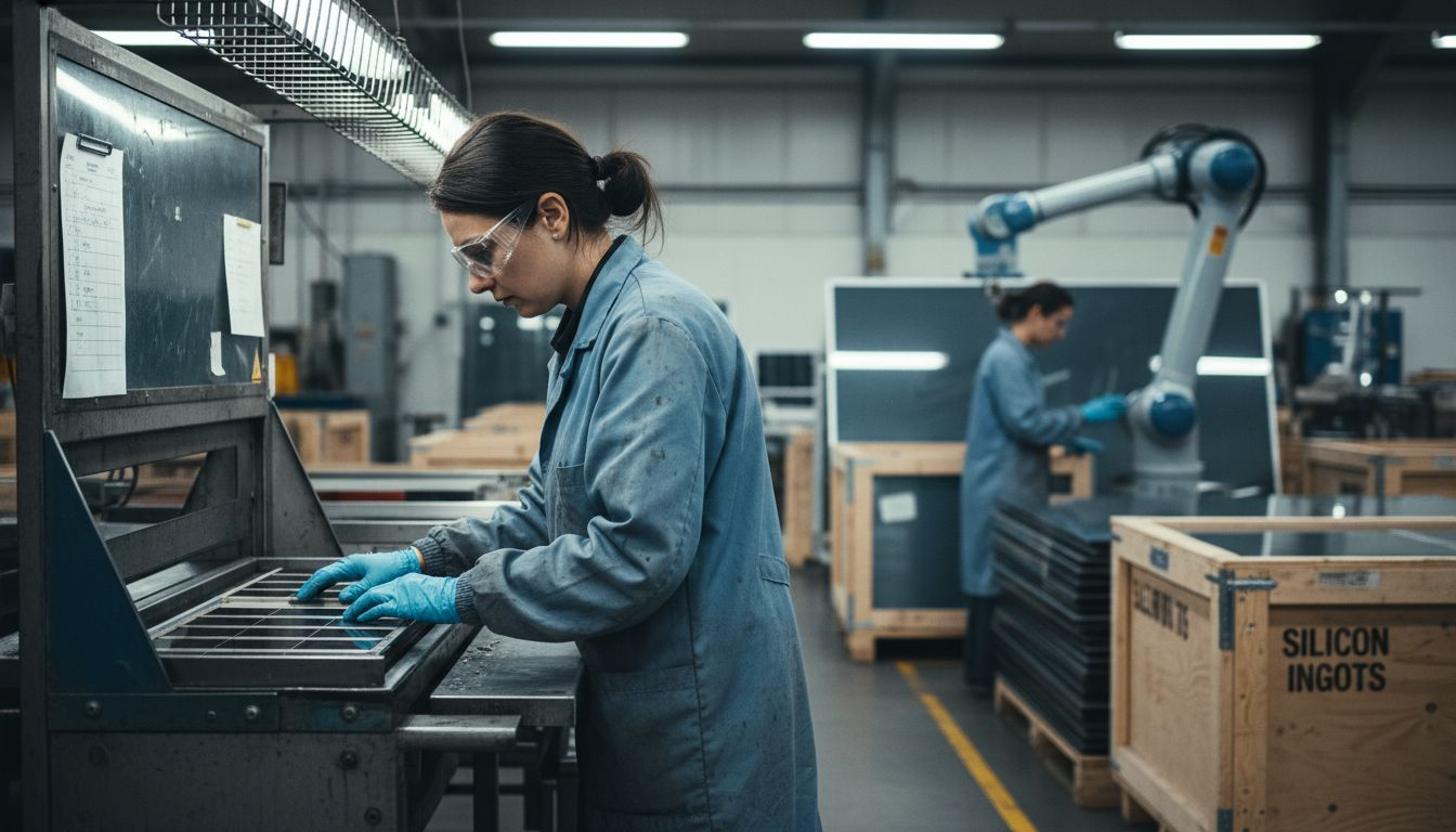 Solar Panel Lifecycle Explained: Costs, Value, and Impact 1 Technicians inspecting solar panel manufacturing line