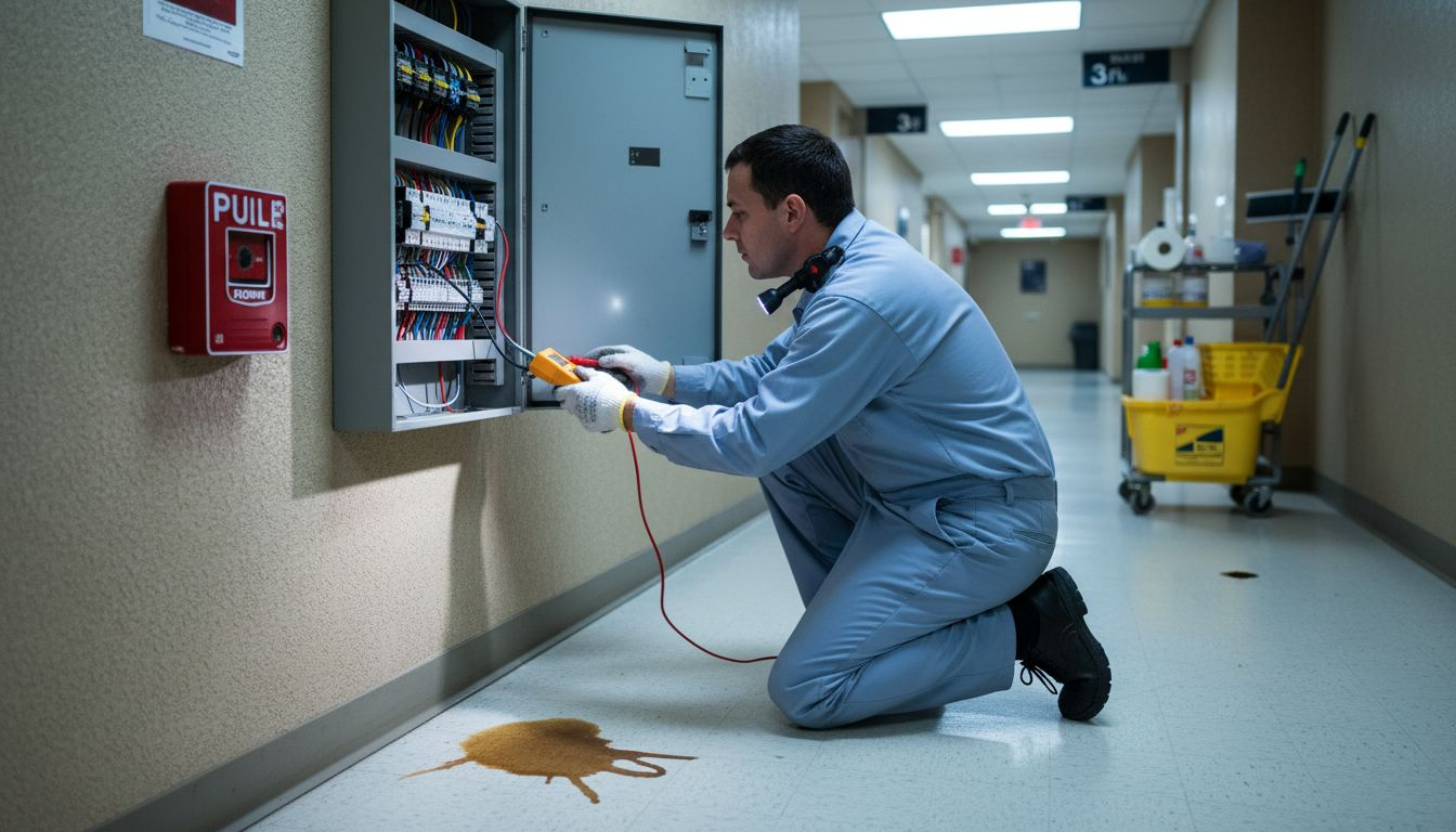 Engineer inspects electrical panel for fire risks