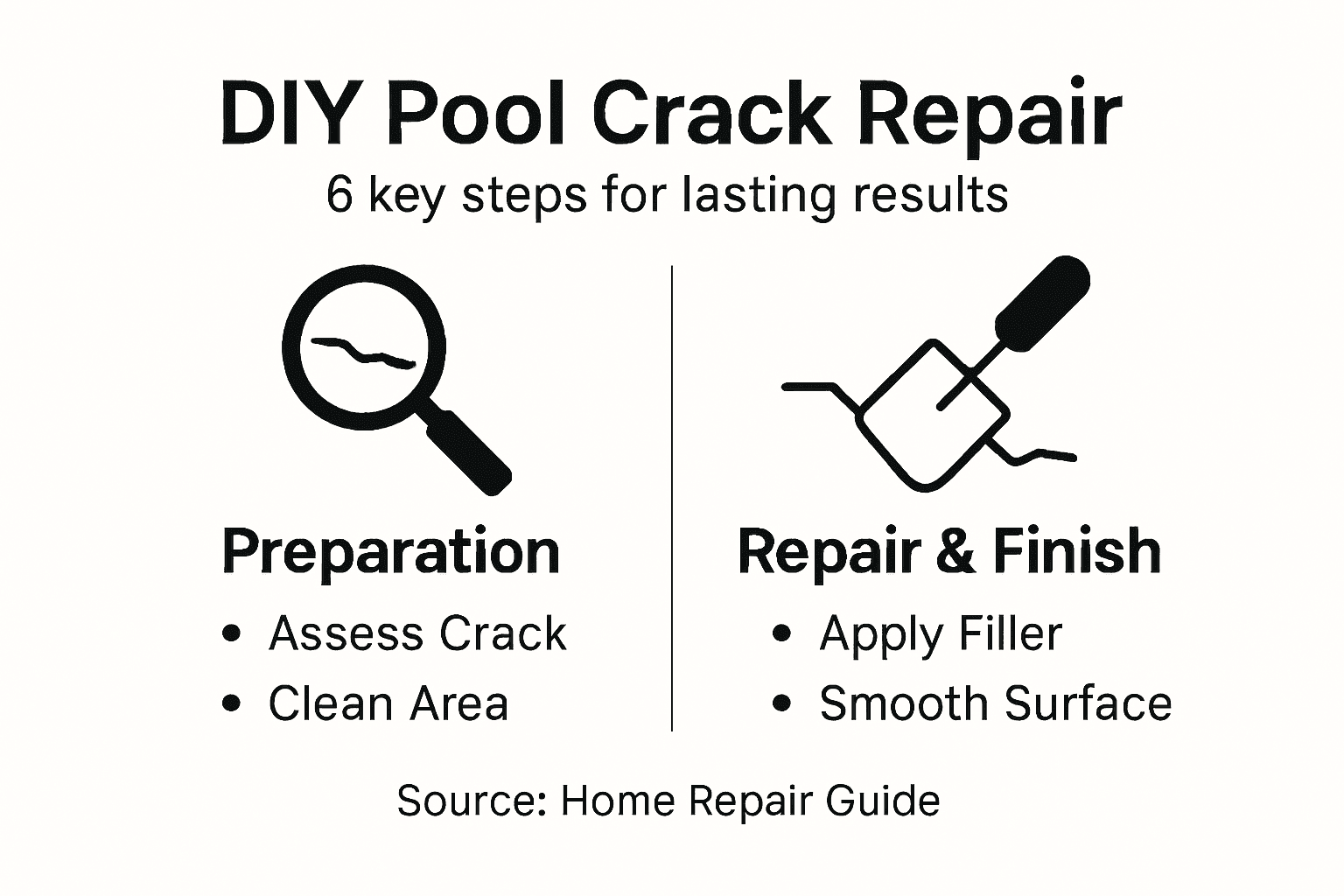 Infographic showing six steps for pool crack repair