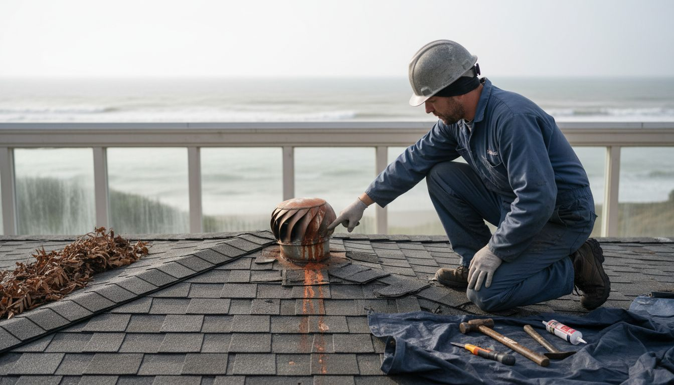 Technician examining salt-damaged roof surface