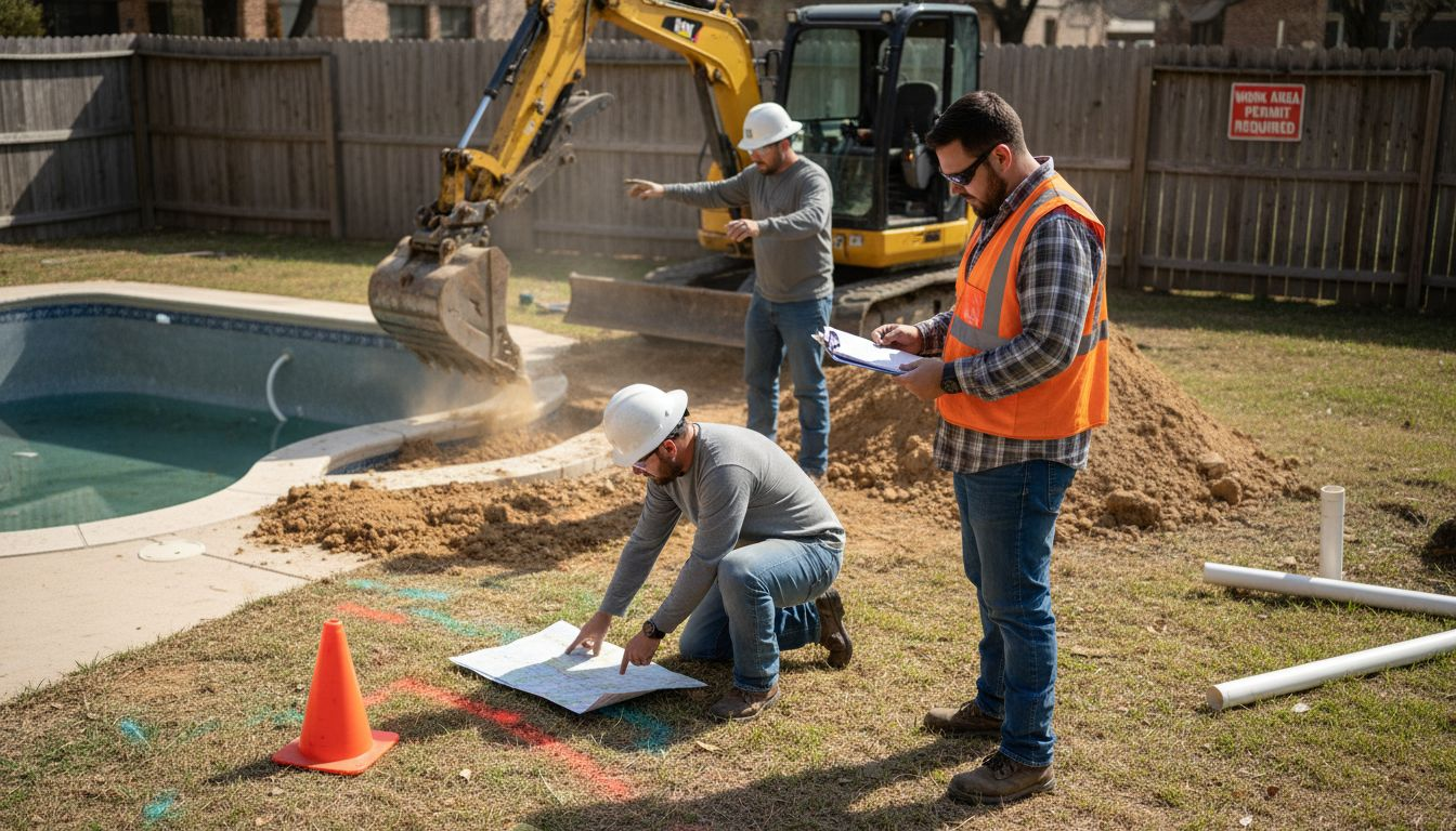 Contractors excavating pool site in Texas
