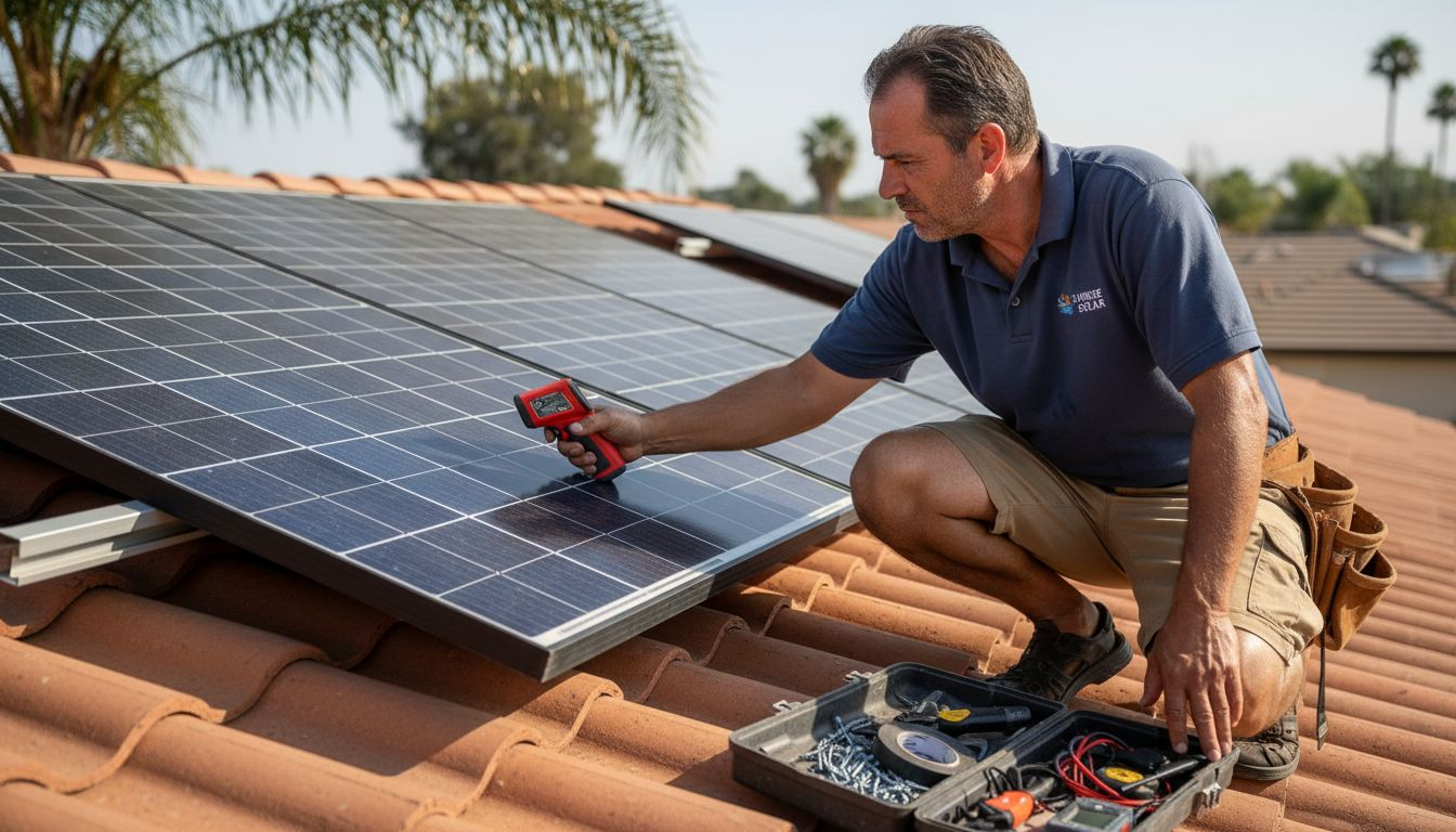 Advantages of REC Solar Panels for Florida Homes 1 Technician testing solar panel temperature on roof