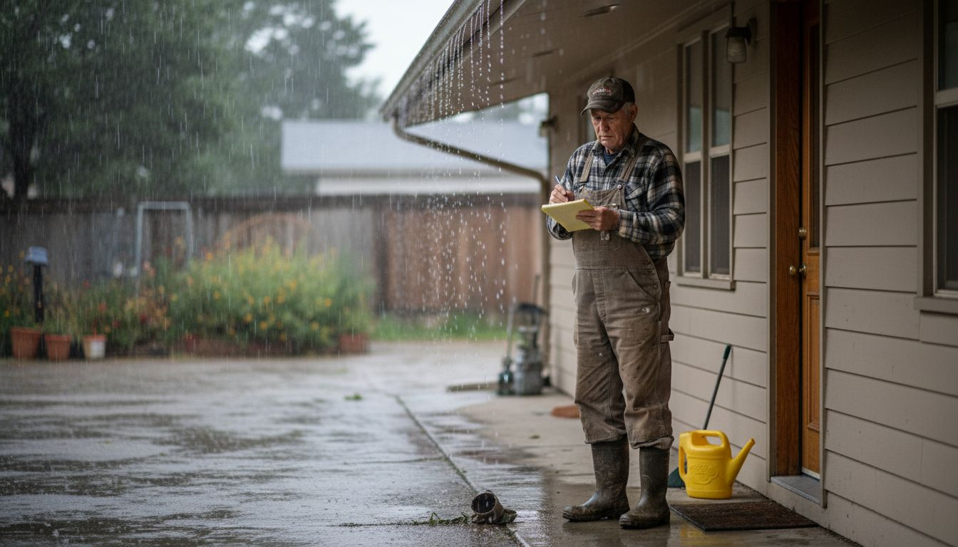 Man checking gutters for leaks during rain