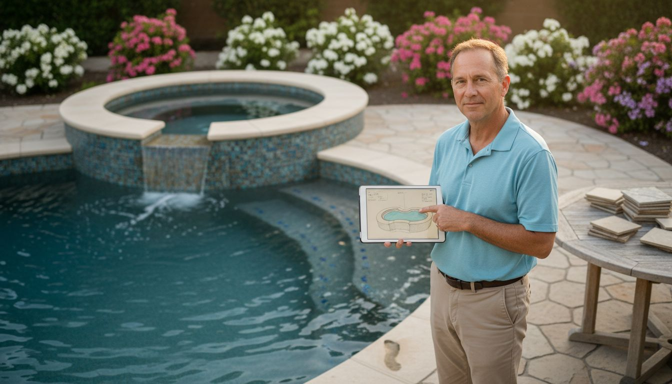 Designer reviewing custom pool spa layout