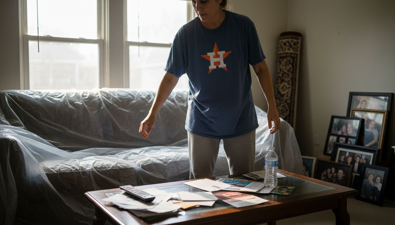 Woman covering sofa to protect belongings