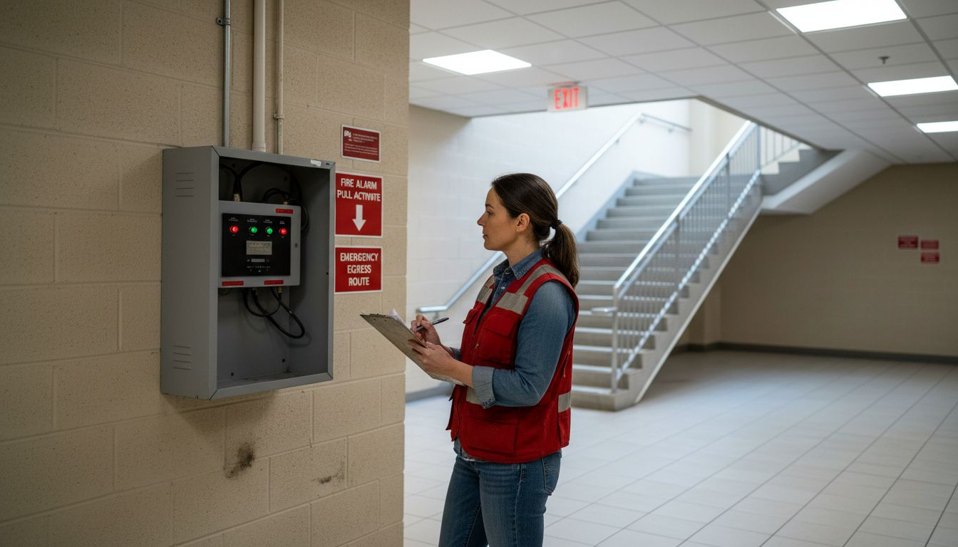 Fire inspector checking fire alarm panel
