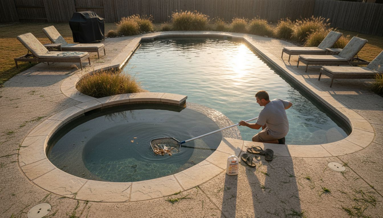 Unique geometric pool shape in Texas backyard