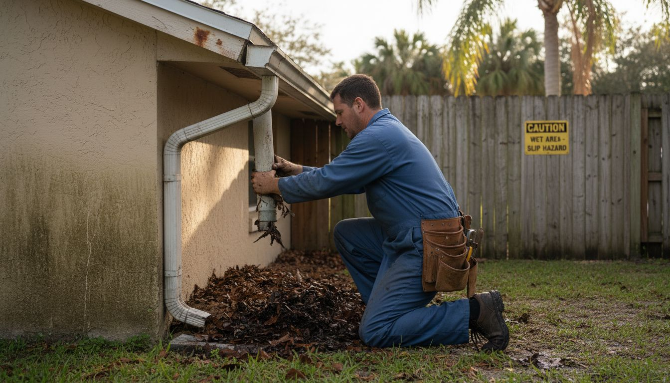 Technician repairs gutter drainage system