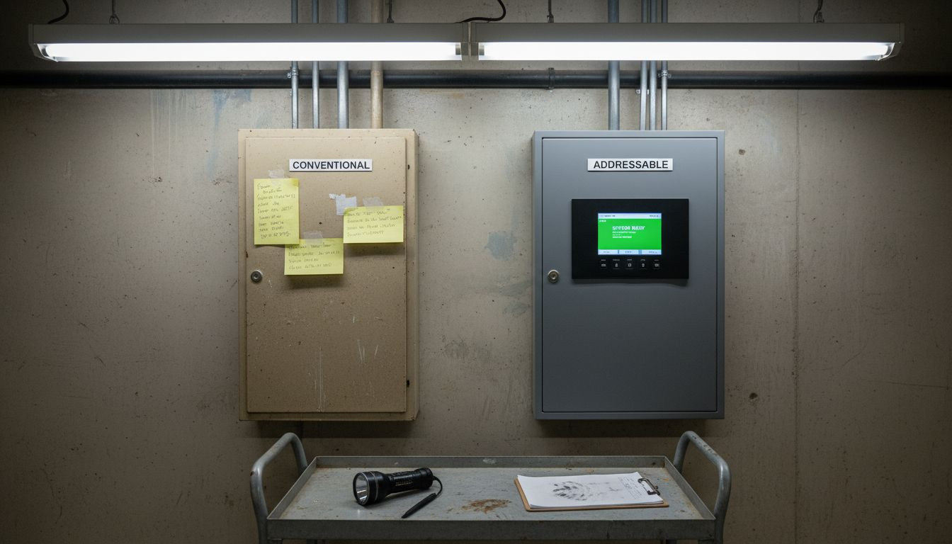 Conventional and addressable fire panels side by side