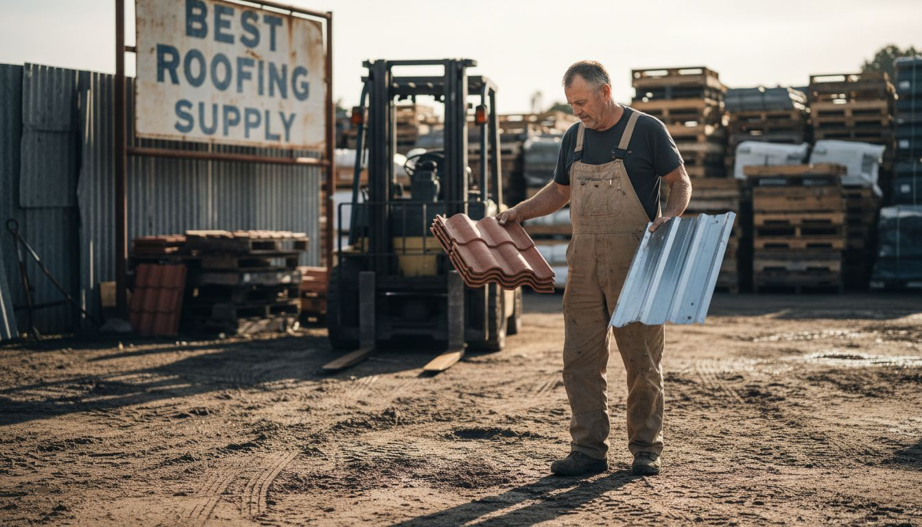 Contractor compares metal and tile roofing samples