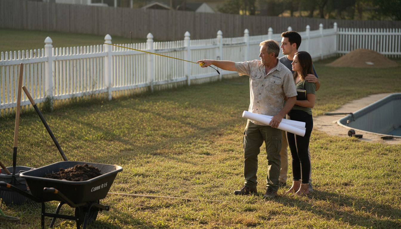 Contractor and couple reviewing pool plans outdoors