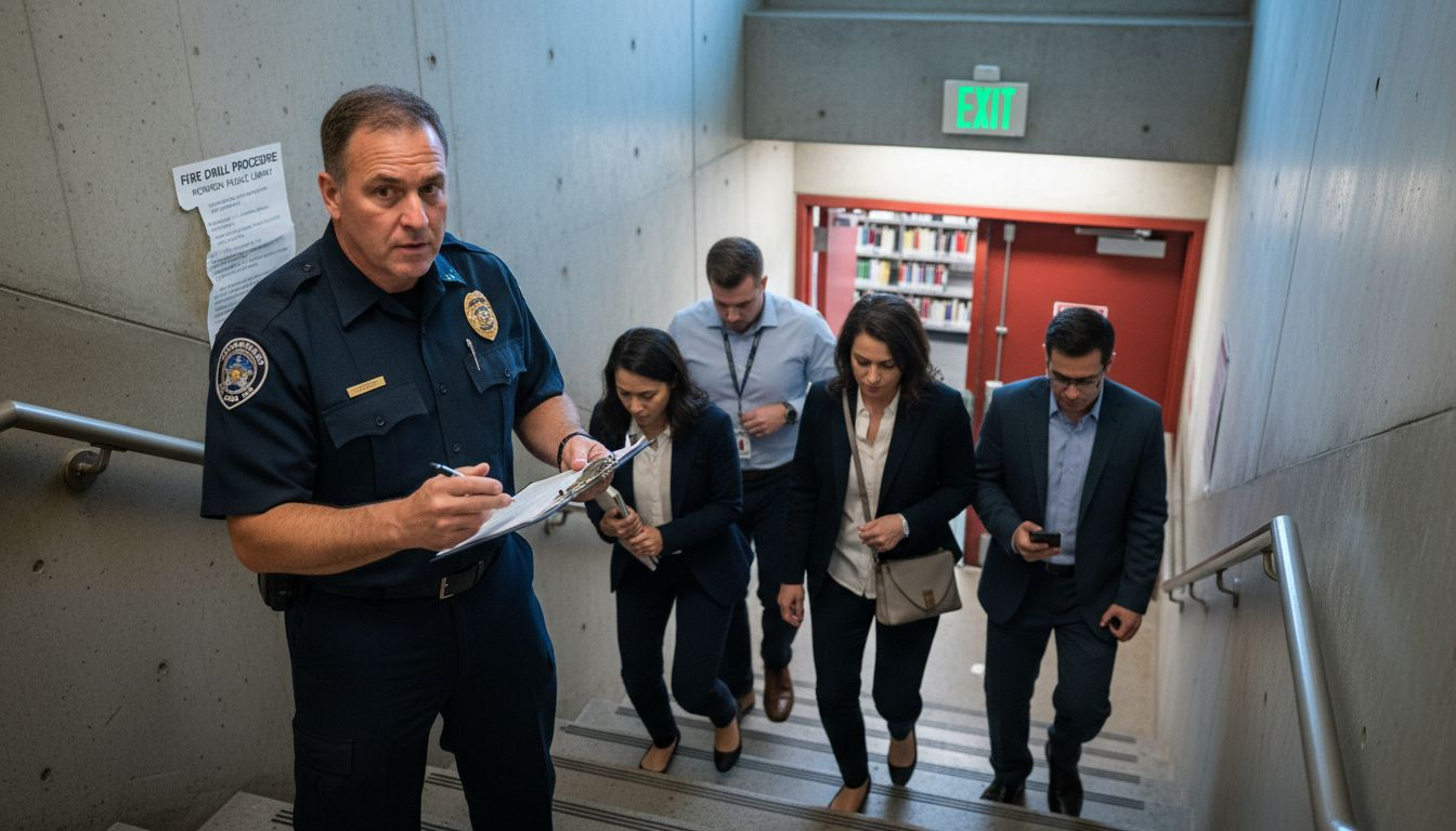 Staff practicing evacuation during fire drill