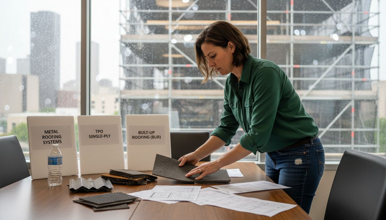 Facility manager comparing roof material samples