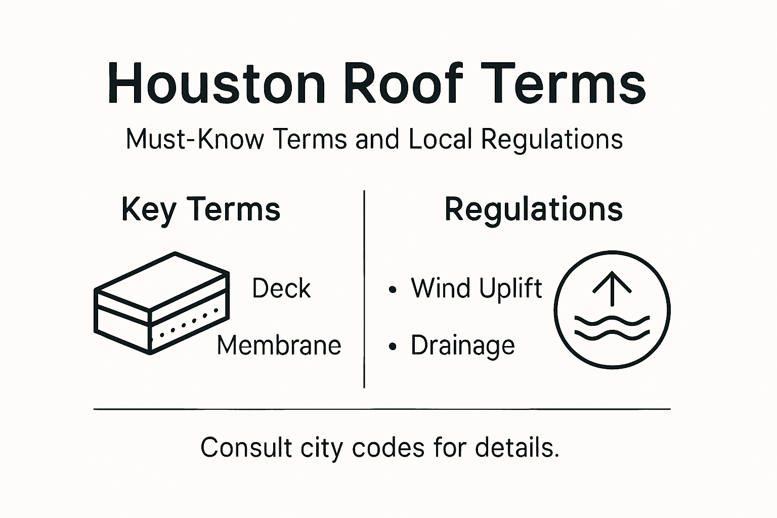 Infographic with key roof terms and Houston regulations