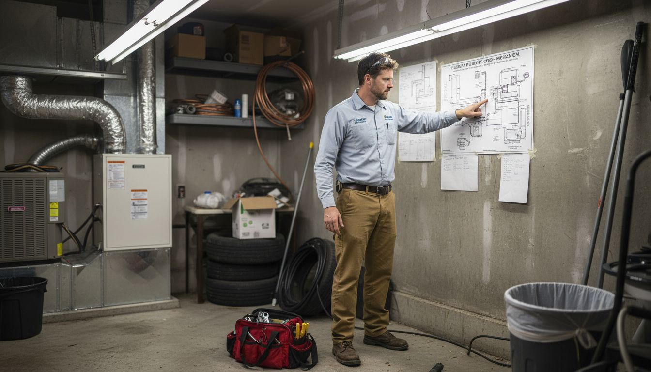 Technician checking HVAC installation diagram