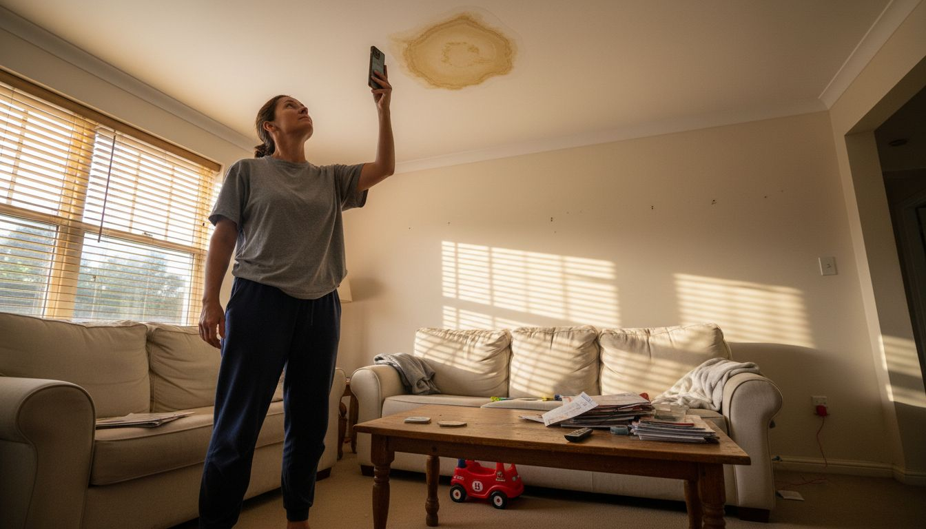 Homeowner photographing ceiling water stain