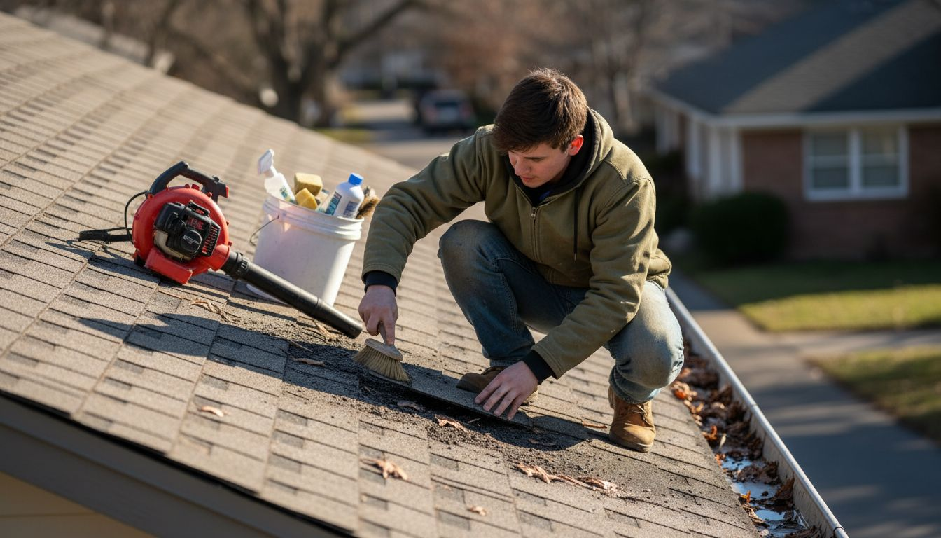 Worker cleaning damaged roof section
