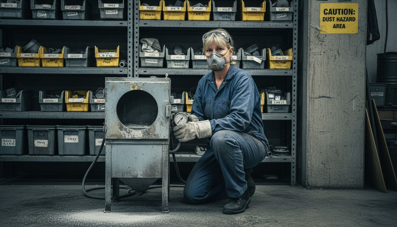 Technician adjusts sandblasting machine in warehouse