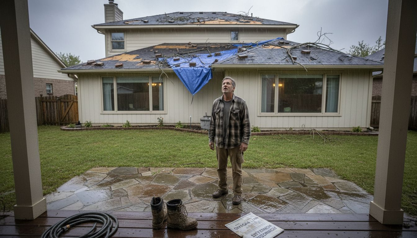 Storm-damaged roof with homeowner inspecting