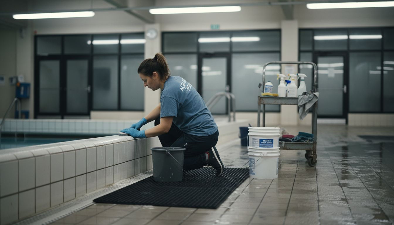 Pool worker cleaning indoor pool tiles