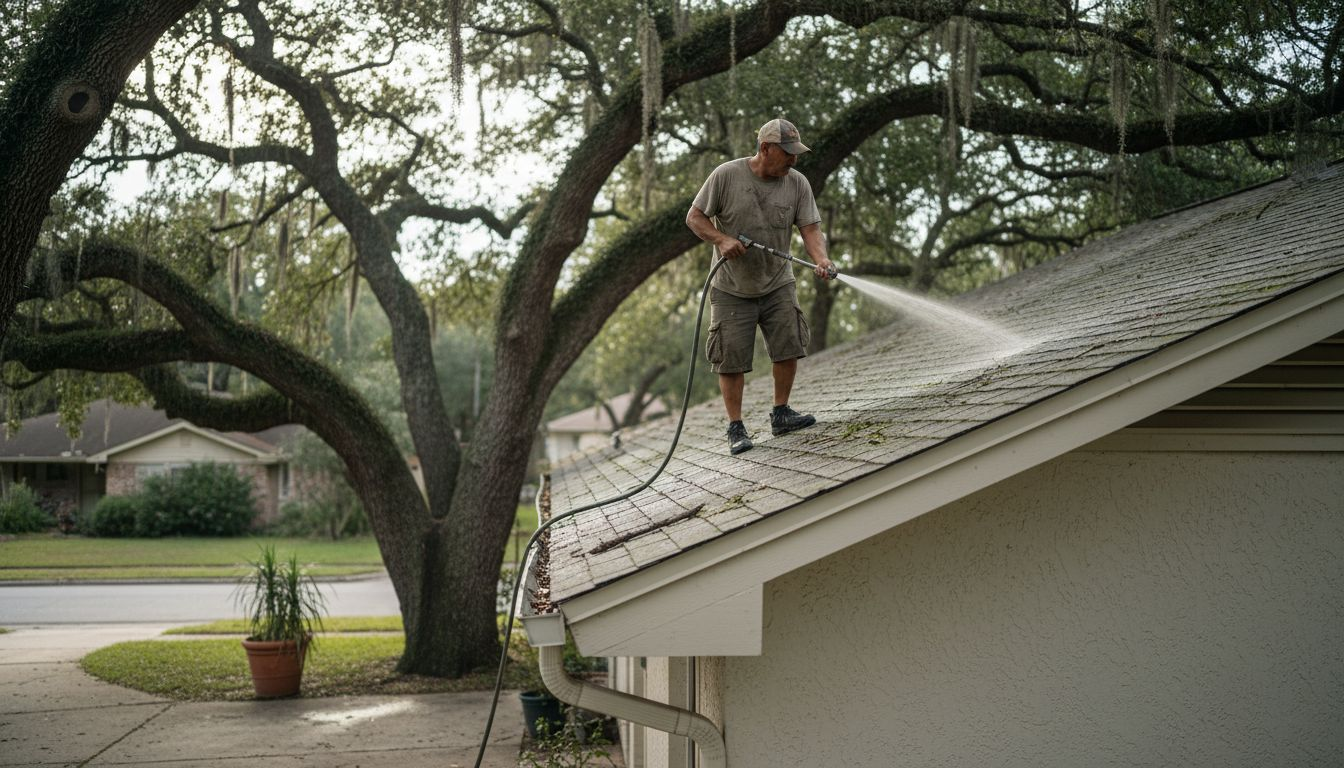 Homeowner performing routine roof maintenance