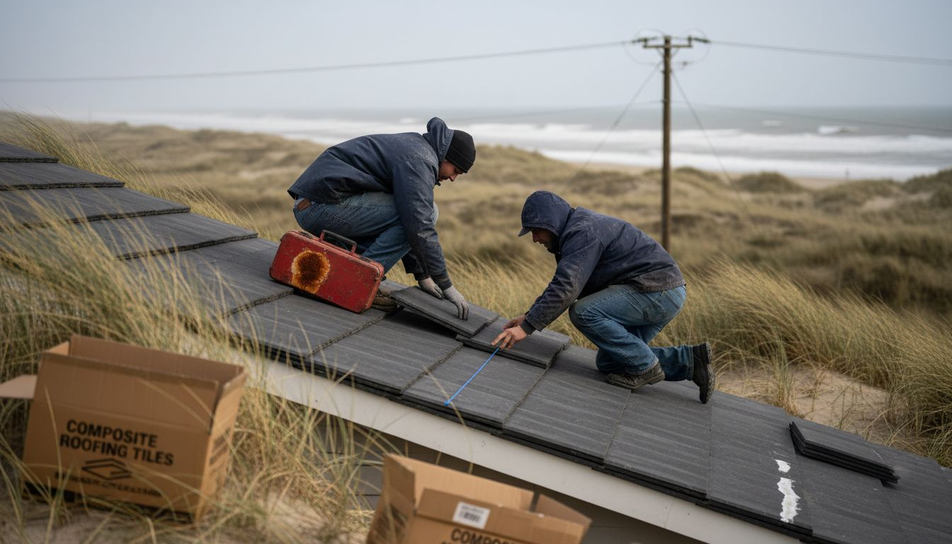 Workers installing coastal storm-resistant roofing