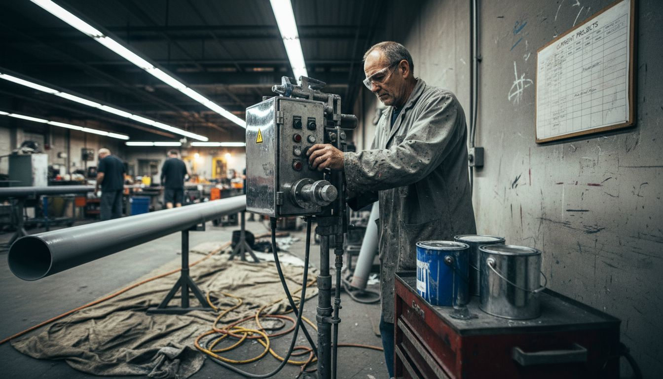 Technician adjusting industrial spray painting machine