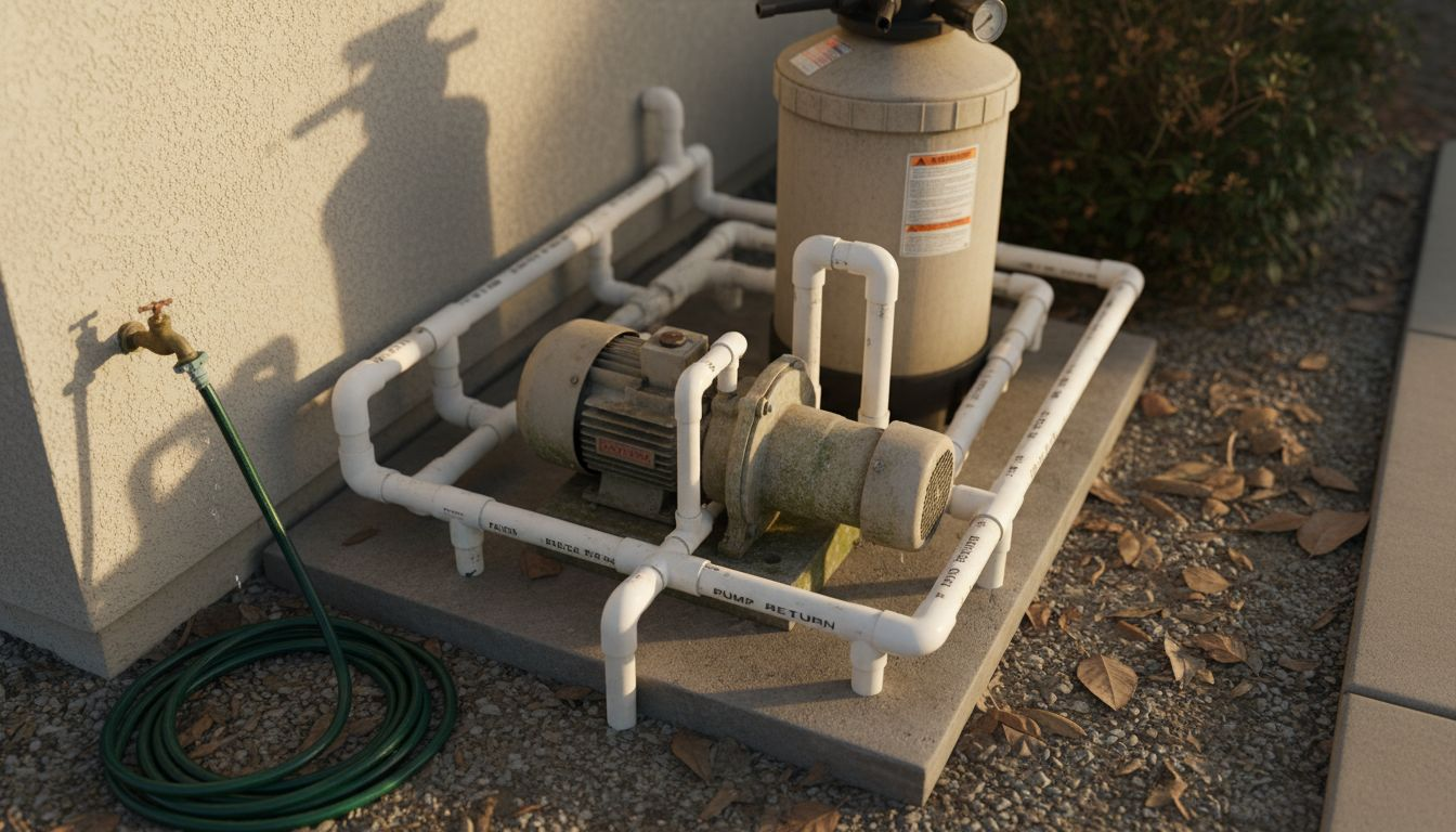 Close-up of pool plumbing equipment pad