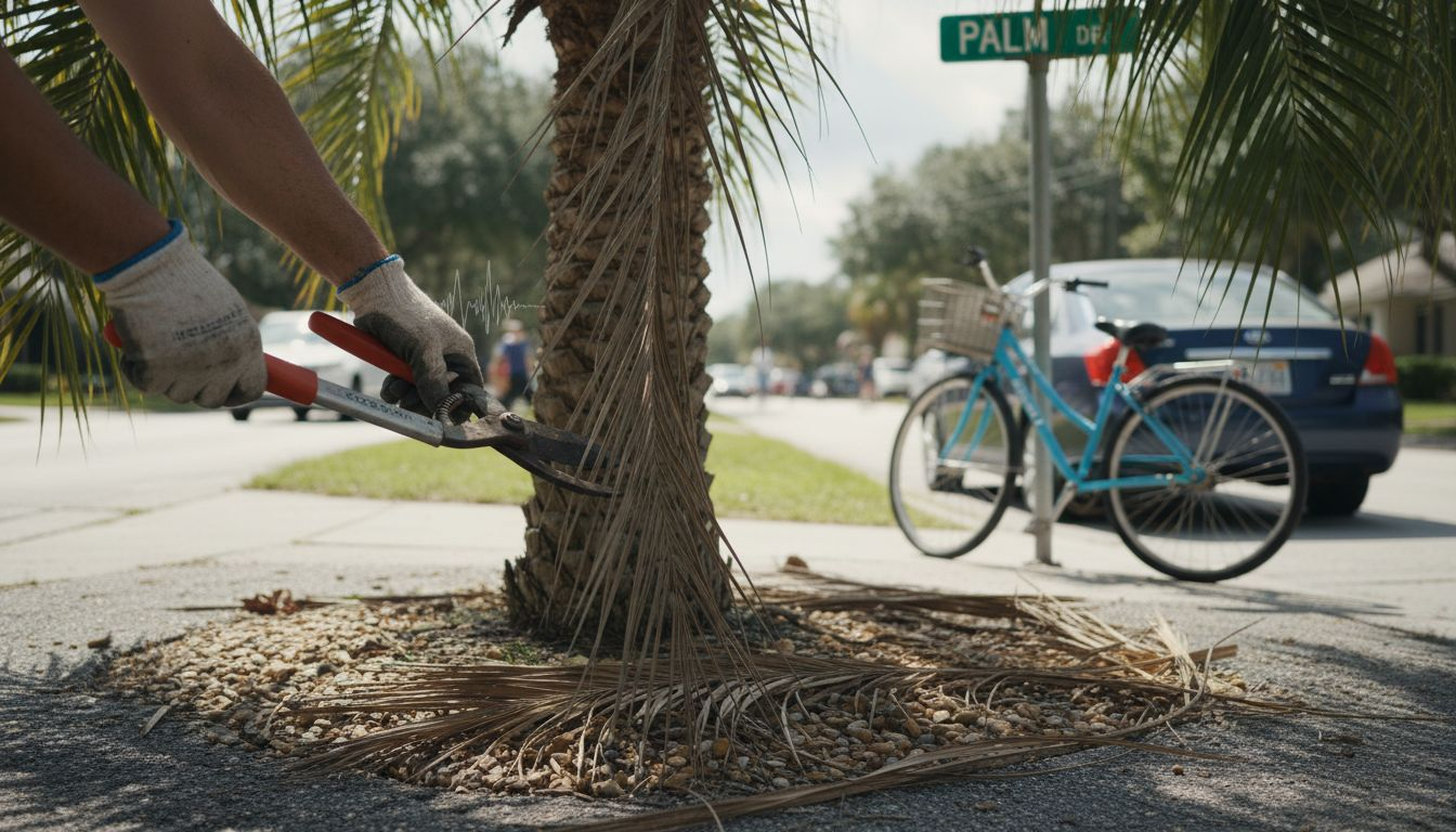 Why Prune Trees: Benefits For Central Florida Homes 1 Pruning palm tree in Florida neighborhood