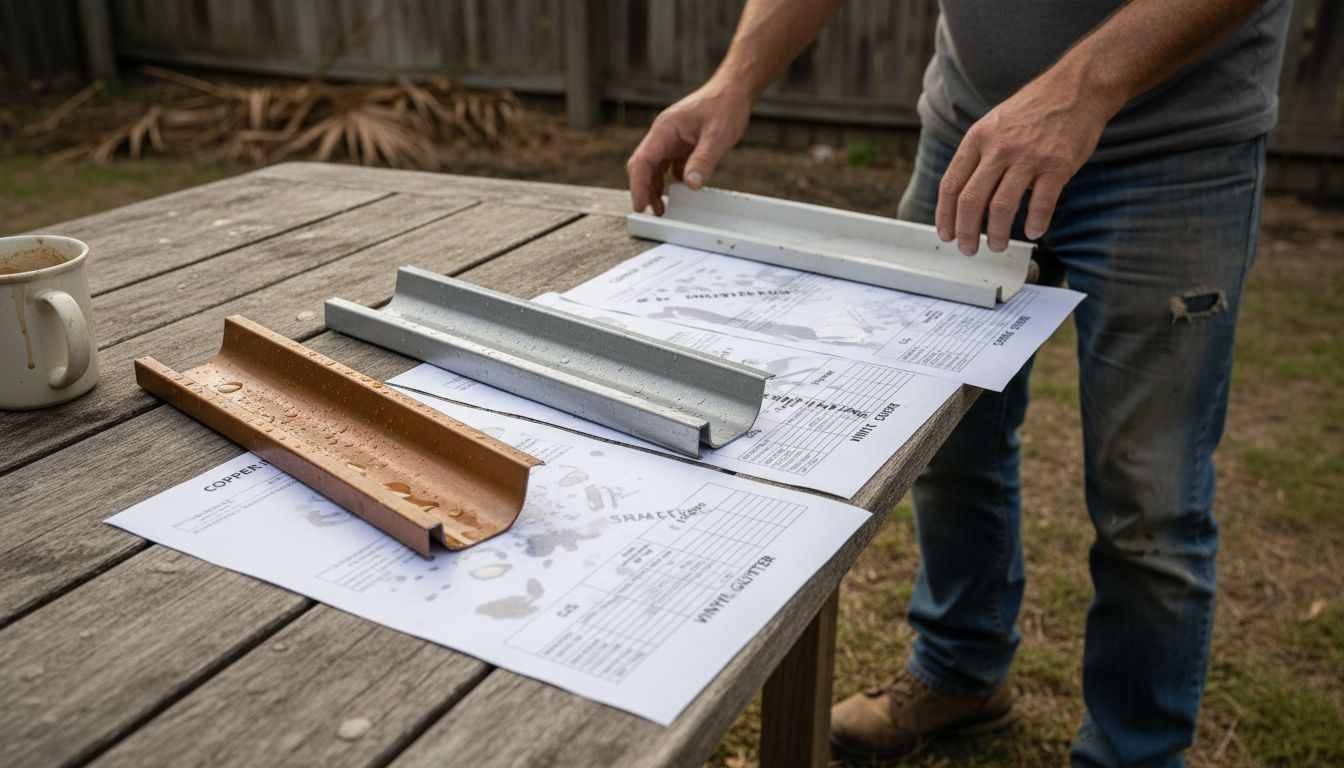 Contractor comparing gutter materials outdoors