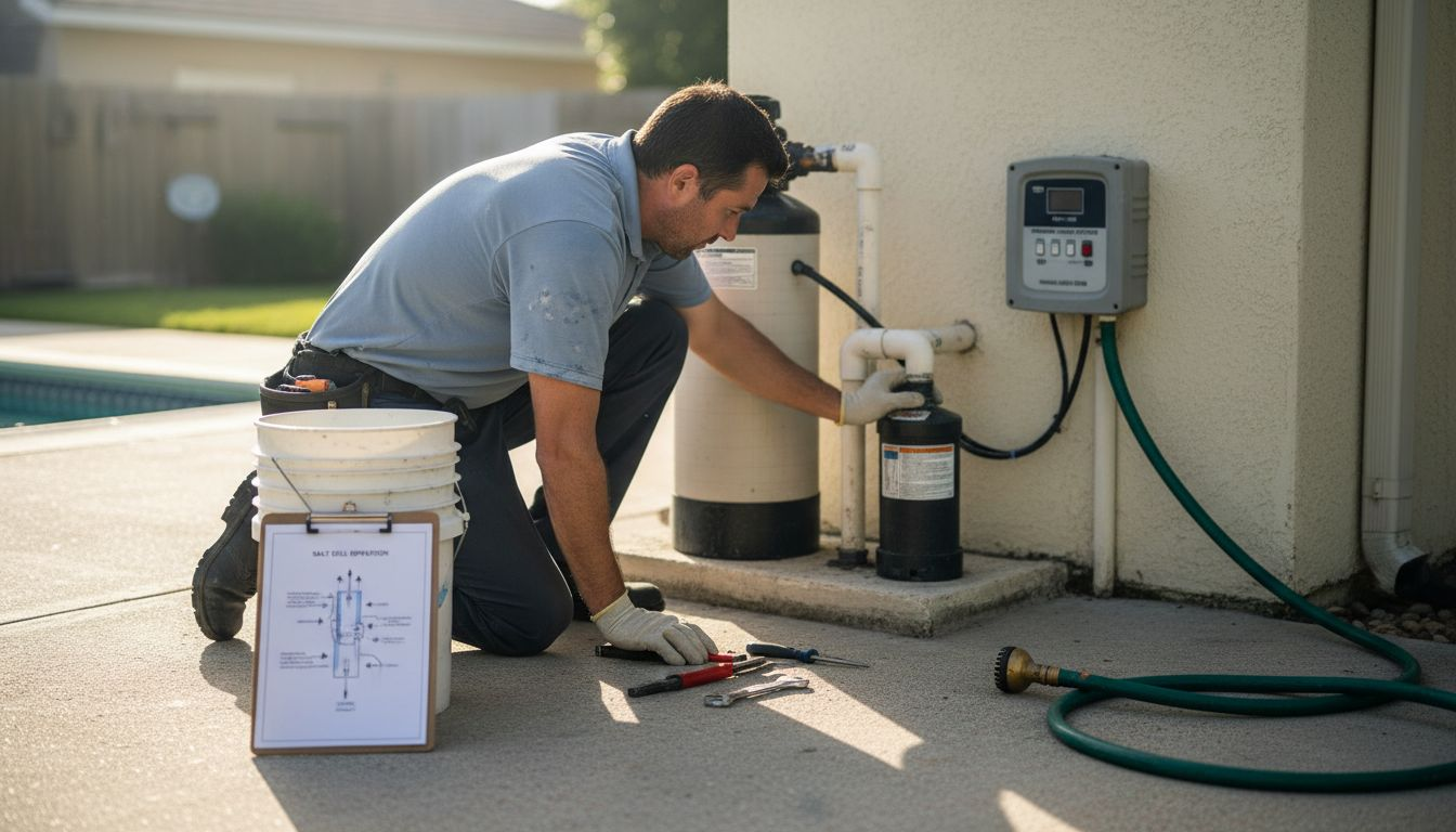 Technician checks salt pool generator unit