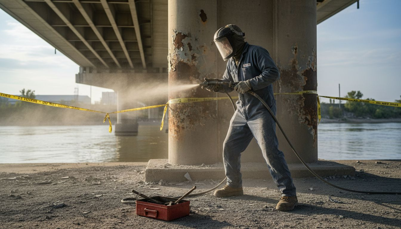 Contractor sandblasting bridge support onsite
