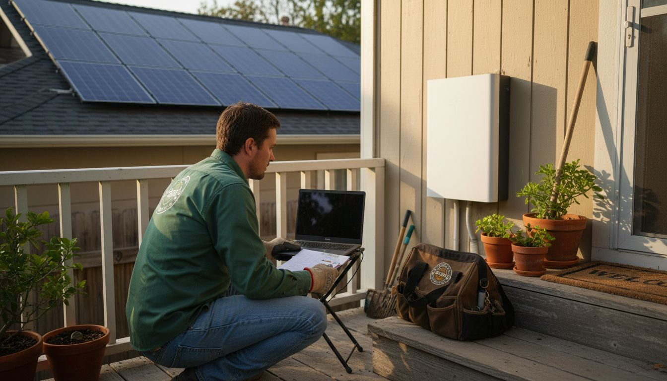 Tesla Powerwall Explained: Boosting Florida Energy Savings 1 Installer checking Powerwall solar panel setup