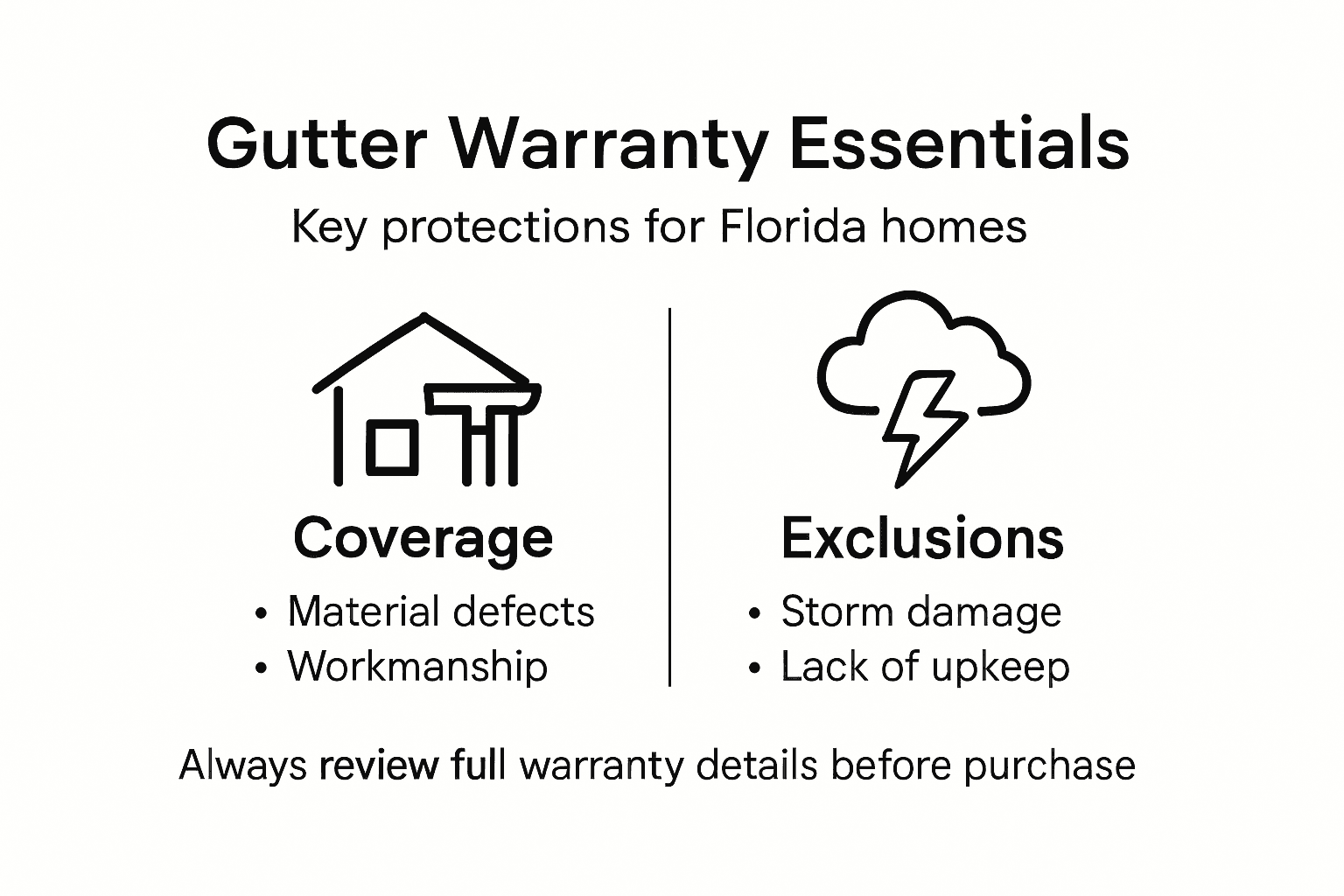 Infographic summarizing Florida gutter warranty basics