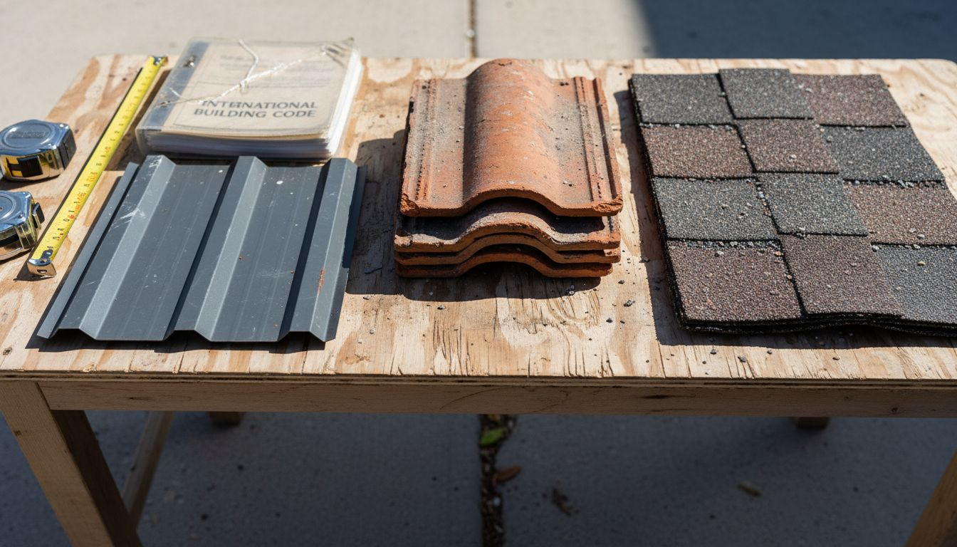 Closeup samples of metal tile asphalt roofing