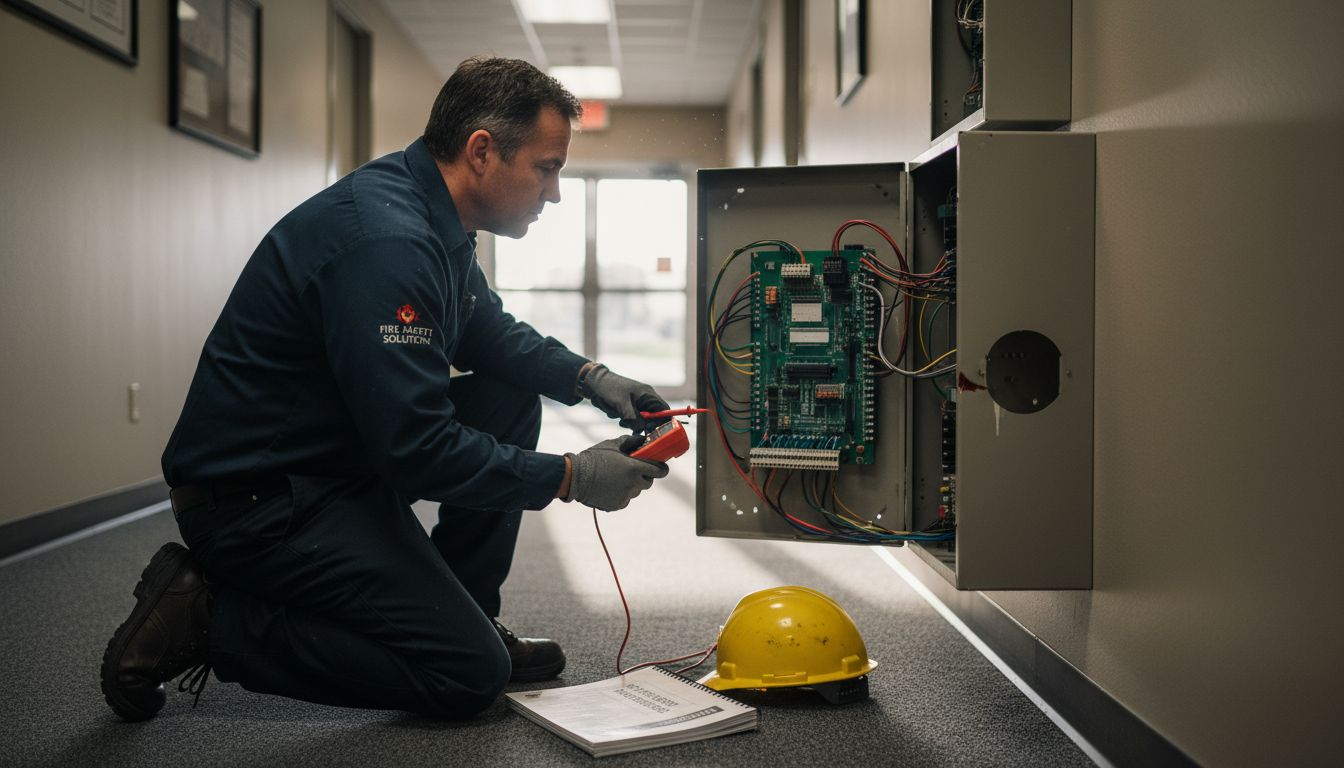 Technician inspecting fire alarm system panel