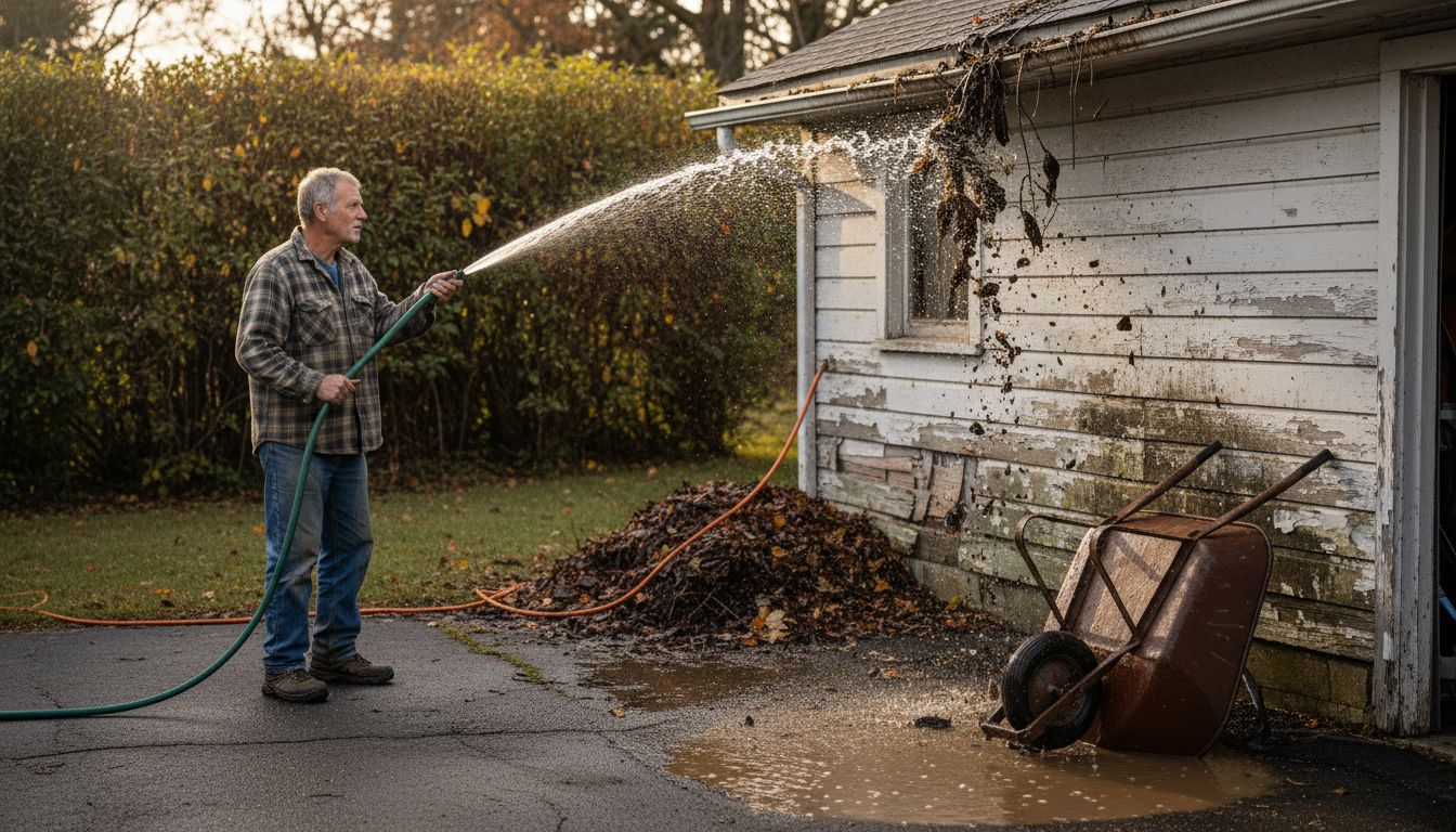 Man cleaning gutter debris with garden hose