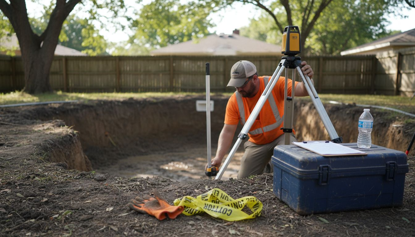 Worker checking pool excavation level with laser