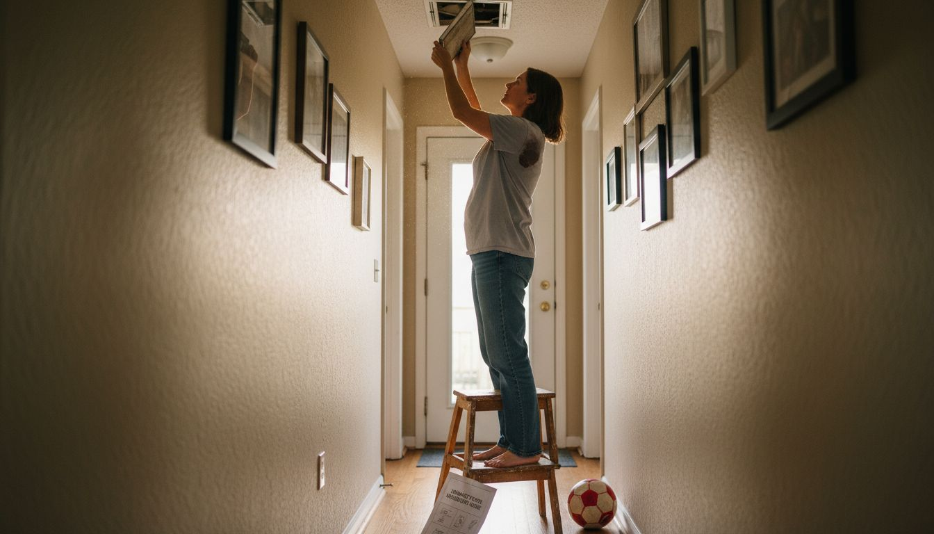 Homeowner changes air filter in hallway vent